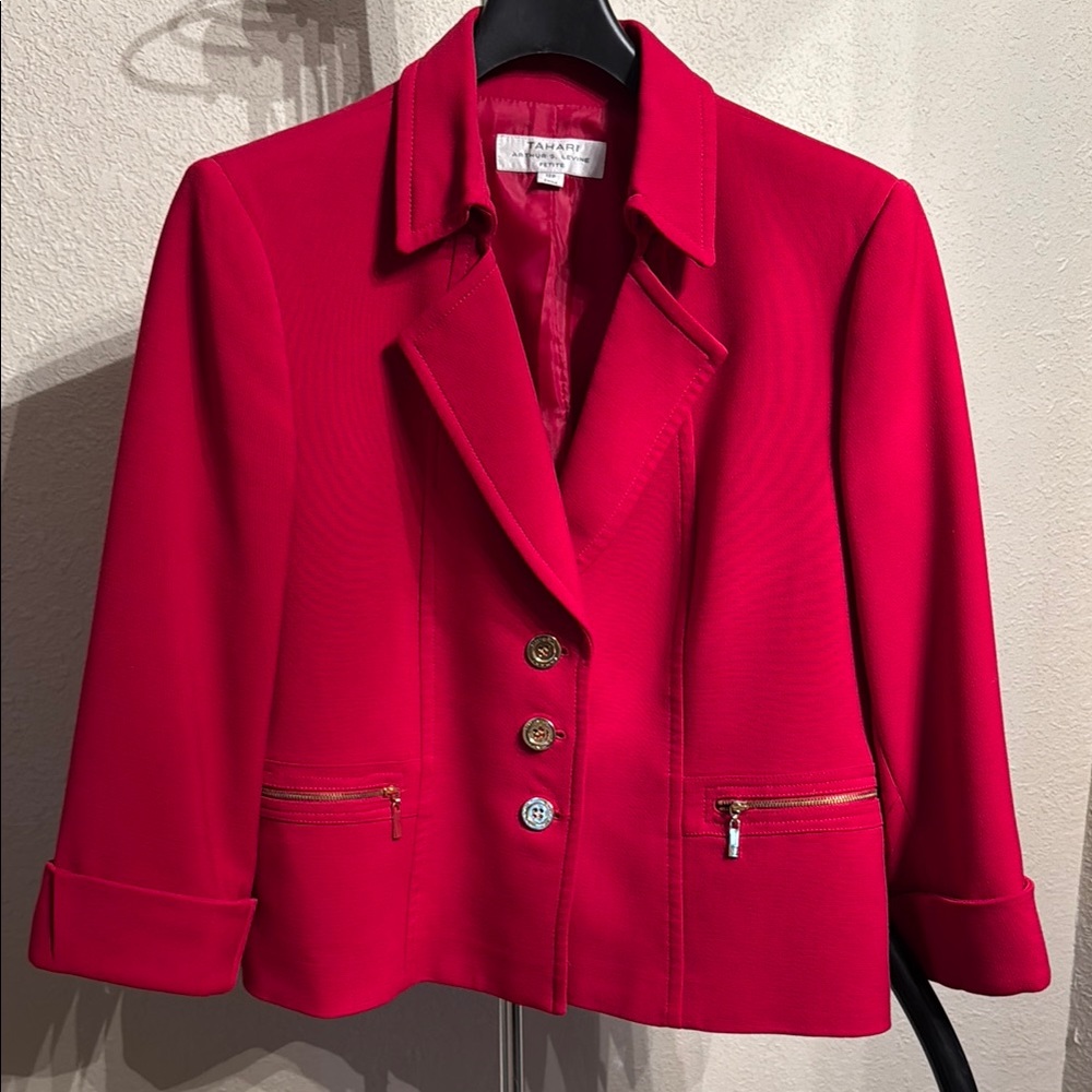 Tahari Petite 12P Red Blazer – Tailored Fit Notched Lapel Jacket